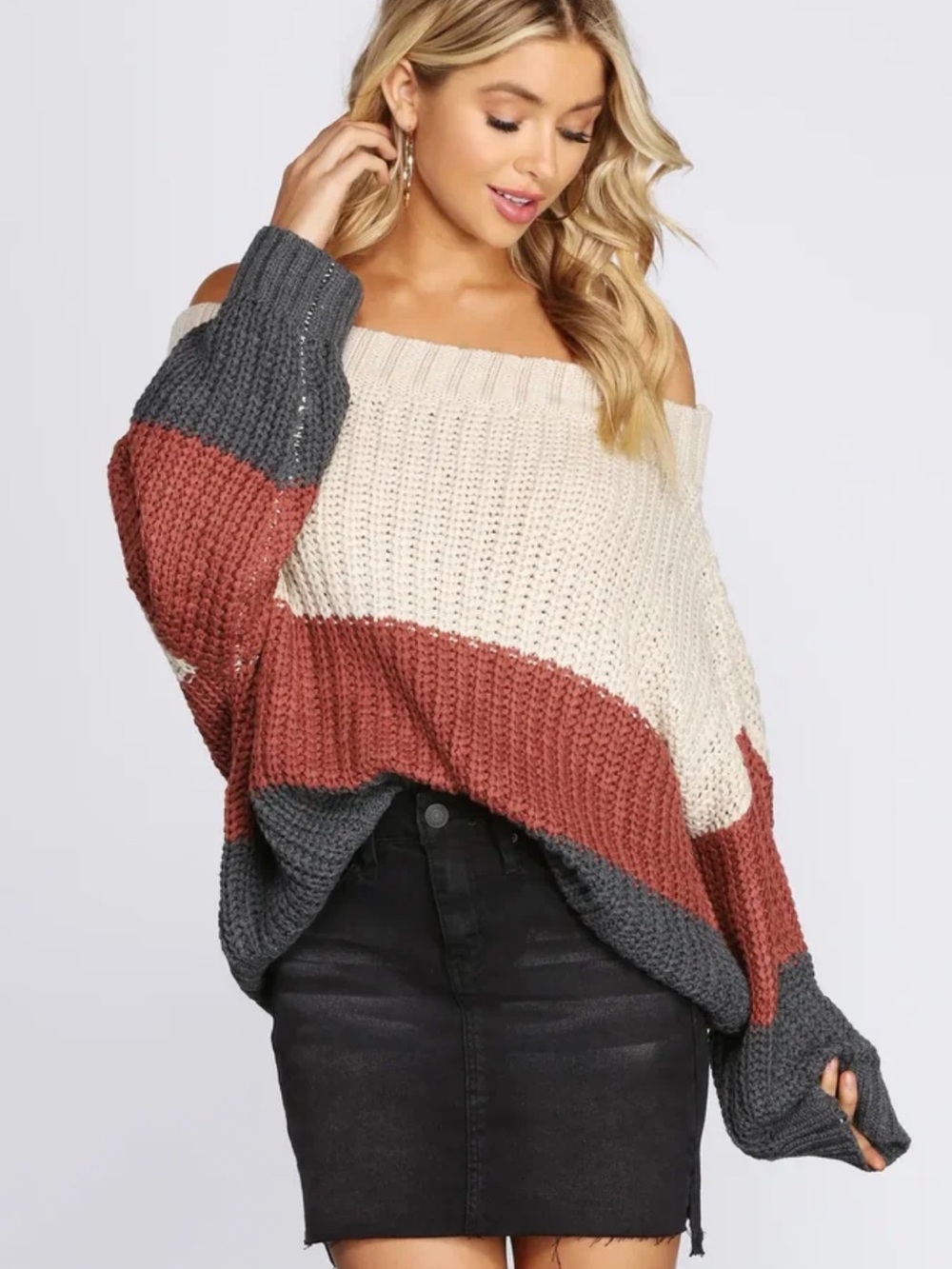 Cozy Colorblock Off The Shoulder Sweater